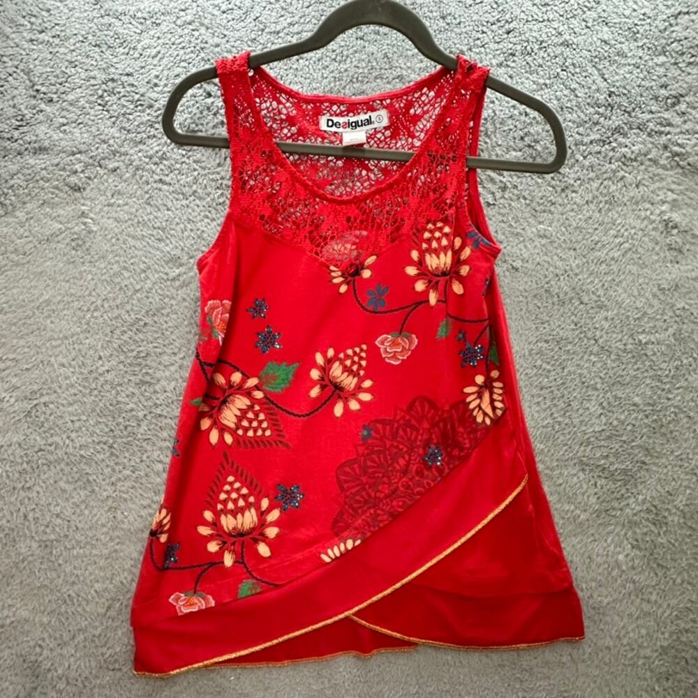 Desigual Women's Small Red Tank Top Floral‎ Gold Trim Lace Back Embroidered Logo